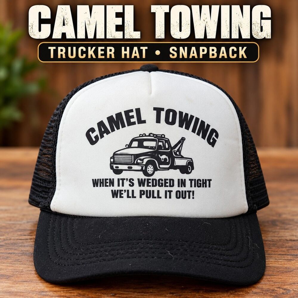 Camel Towing Trucker Hat Black White Mesh Snapback Funny Novelty Cap